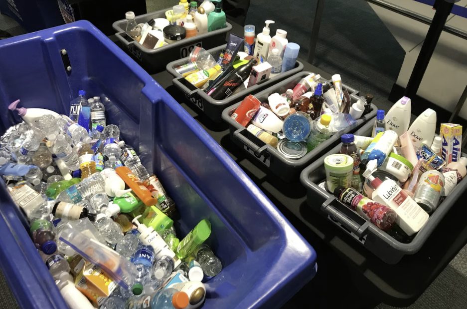 Bins full of skincare bottles and liquids confiscated at TSA security